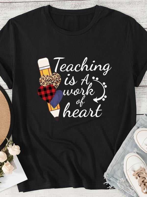 Women'WB shield Cartoon Pencil & Letter & Heart Print Round Neck Tee, Trendy Casual Short Sleeve T-Shirt for Daily Wear,...