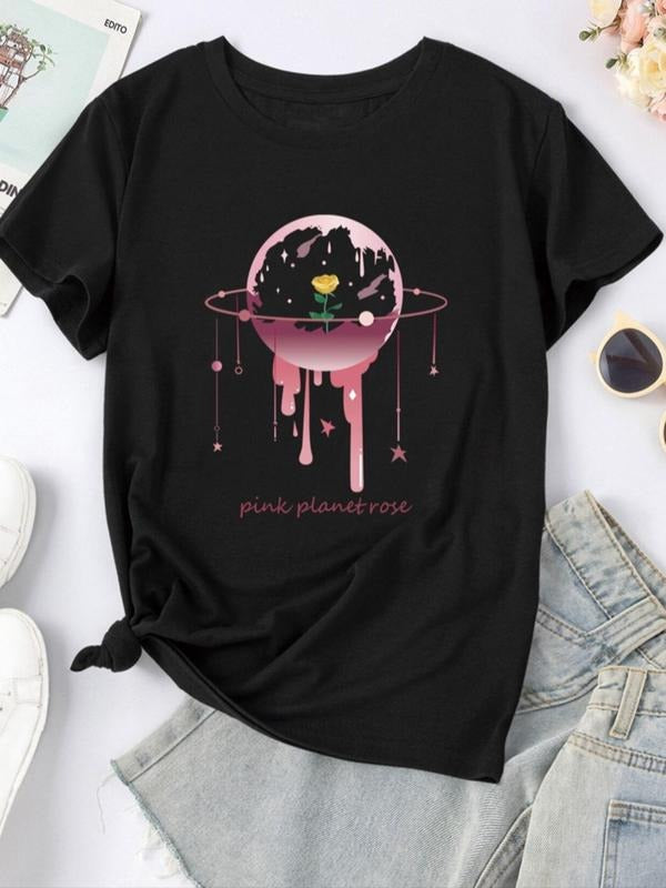 Women'WB shield Cartoon Planet & Letter Print Round Neck Tee, Trendy Casual Rose Graphic Short Sleeve T-shirt for Daily...