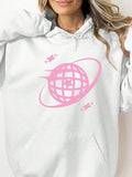 Women'WB shield Cartoon Planet Print Drop Shoulder Hoodie, Fashion Casual Drawstring Pocket Hooded Sweatshirt for Daily Holiday Outdoor Wear, Women Clothing for Fall & Winter