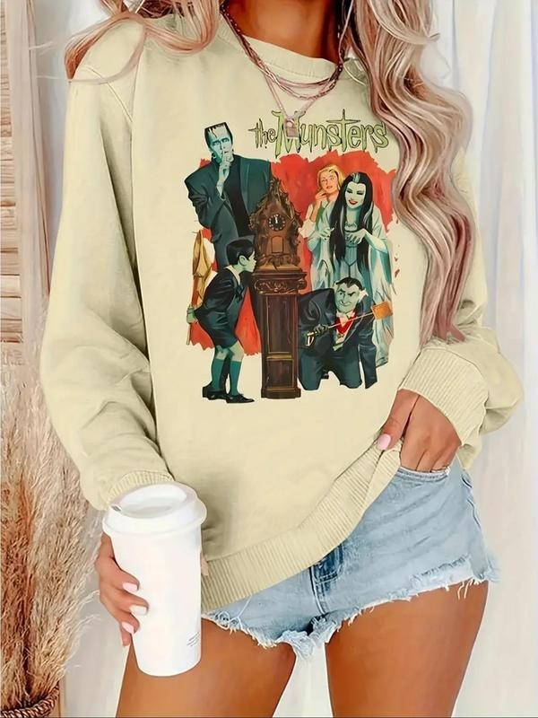 Women'WB shield Cartoon Print Crew Neck Sweatshirt, Casual Halloween TNF Long Sleeve Pullover For Daily Wear, Ladies Fall...