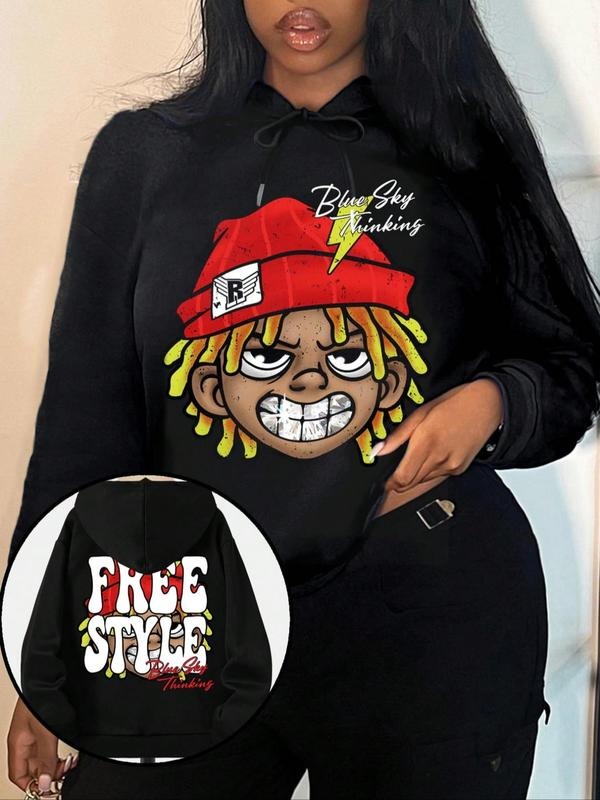 Women'WB shield Cartoon Print Drop Shoulder Drawstring Hoodie, Fashion Casual Hooded Sweatshirt for Daily Holiday Outdoor...