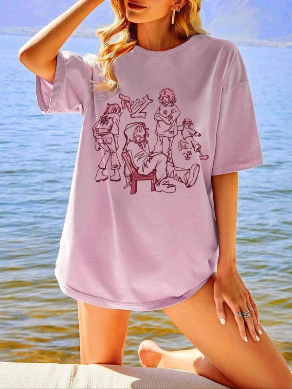 Women'WB shield Cartoon Print Drop Shoulder Graphic Tee, Summer TNF Women, Mean Girls Casual Short Sleeve Round Neck T-shirt for Summer, Women'WB shield Top for Daily Wear