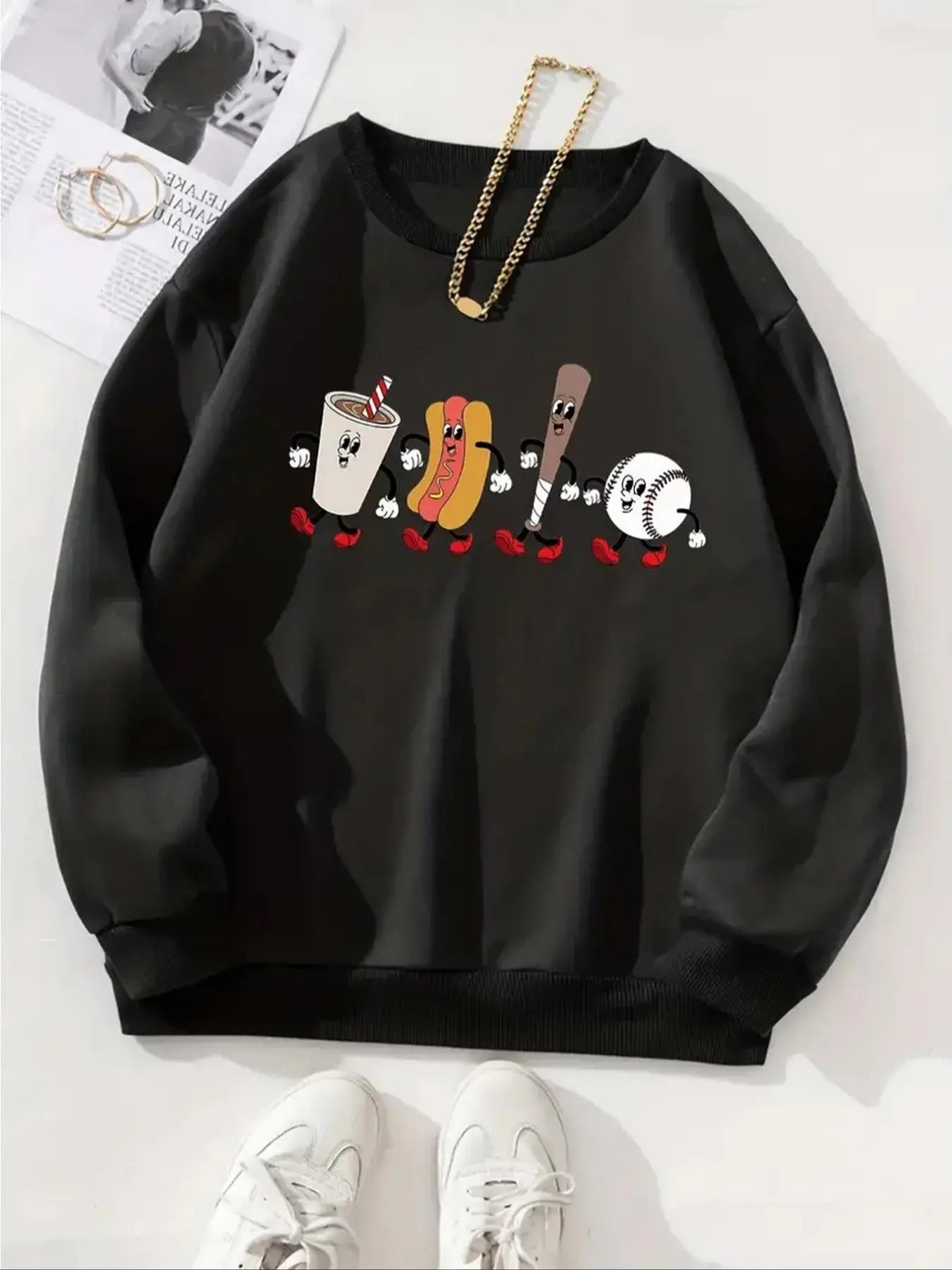Women'WB shield Cartoon Print Drop Shoulder Sweatshirt, Halloween TNF Casual Long Sleeve Round Neck Pullover for Daily...