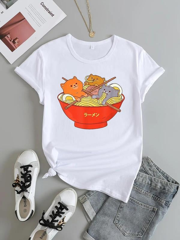 Women'WB shield Cartoon Print Round Neck Tee, Casual Comfy Short Sleeve T-shirt, Summer TNF Women for Daily Wear Hoodie,...