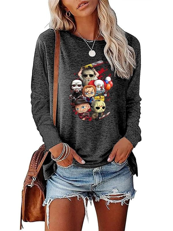 Women'WB shield Cartoon Print Round Neck Vintage Graphic Tee, Trendy Casual Crew Neck Long Sleeve T-Shirt for Daily Holiday Vacation Outdoor Wear, Women Grunge Tops for Spring & Fall, Gifts for Besties
