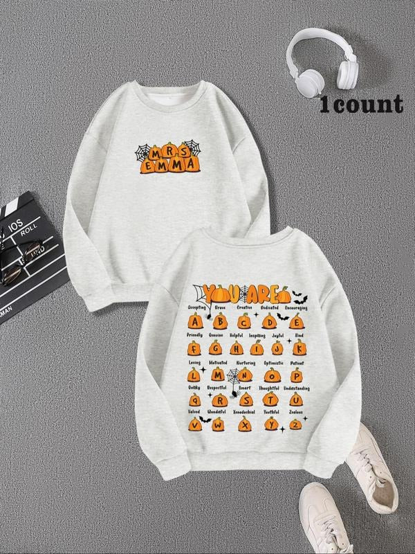 Women'WB shield Cartoon Pumpkin & Letter Print Drop Shoulder Sweatshirt, Casual Long Sleeve Round Neck Pullover for Daily...