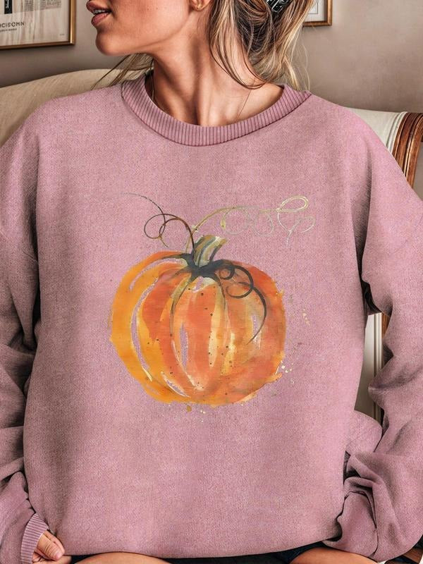 Women'WB shield Cartoon Pumpkin Print Drop Shoulder Sweatshirt, Casual Long Sleeve Round Neck Pullover for Daily Wear,...
