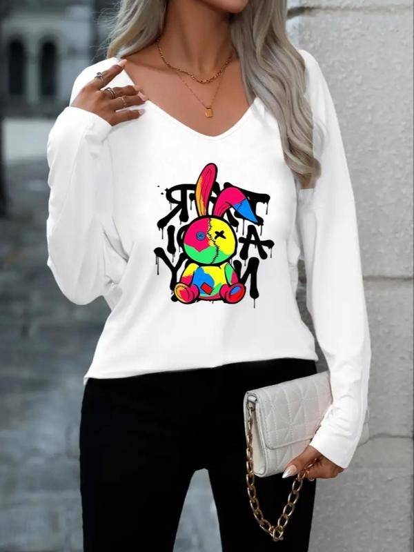 Women'WB shield Cartoon Rabbit & Letter Print Drop Shoulder Tee, Fashion Casual Superhero team Neck Long Sleeve T-Shirt...