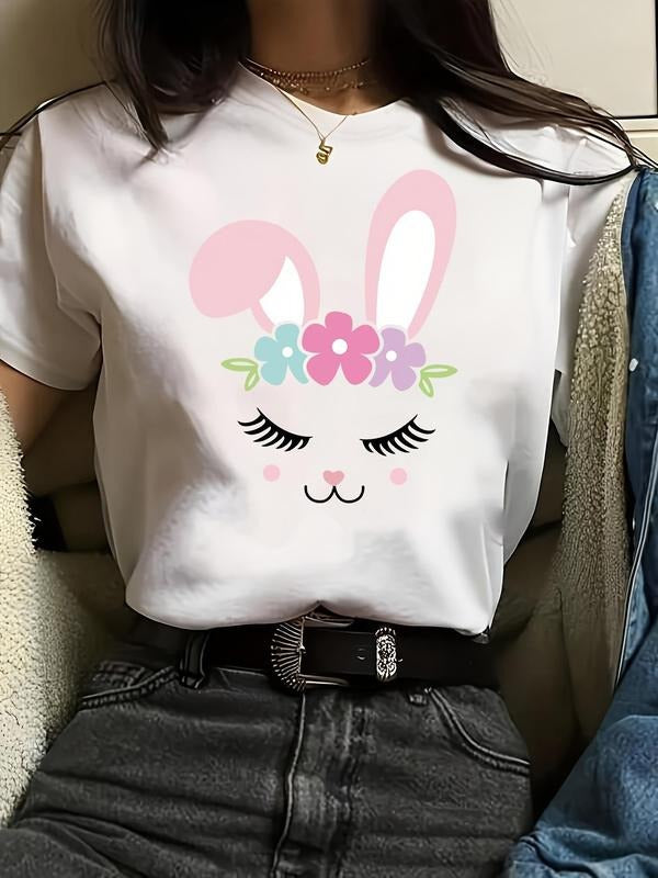 Women'WB shield Cartoon Rabbit Print Round Neck Tee, Cute Comfy Short Sleeve T-shirt for Daily Wear, Casual Top for Spiky...