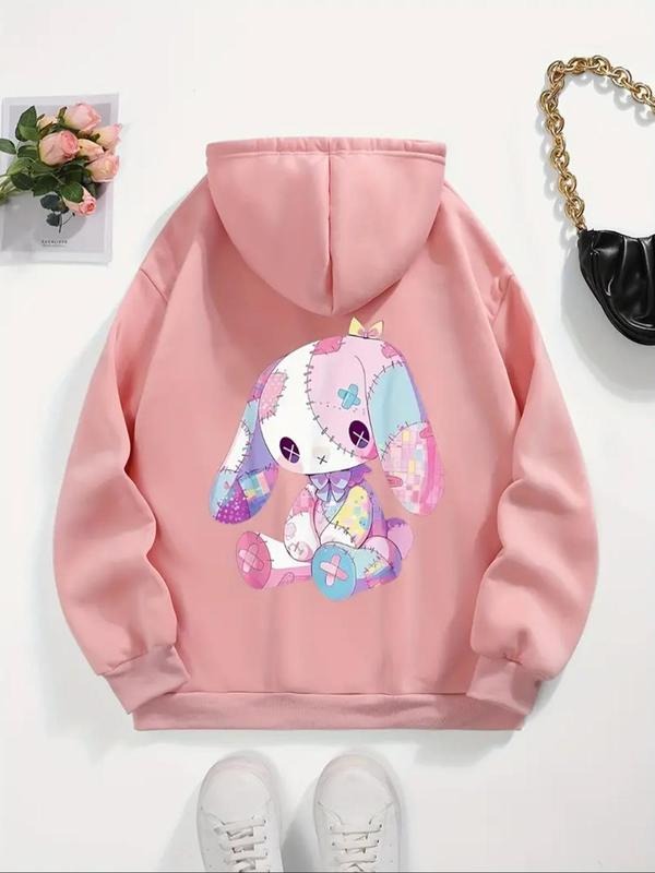 Women'WB shield Cartoon Rabbit Toy Print Drawstring Pocket Hoodie, Casual Long Sleeve Hooded Sweatshirt for Fall &...