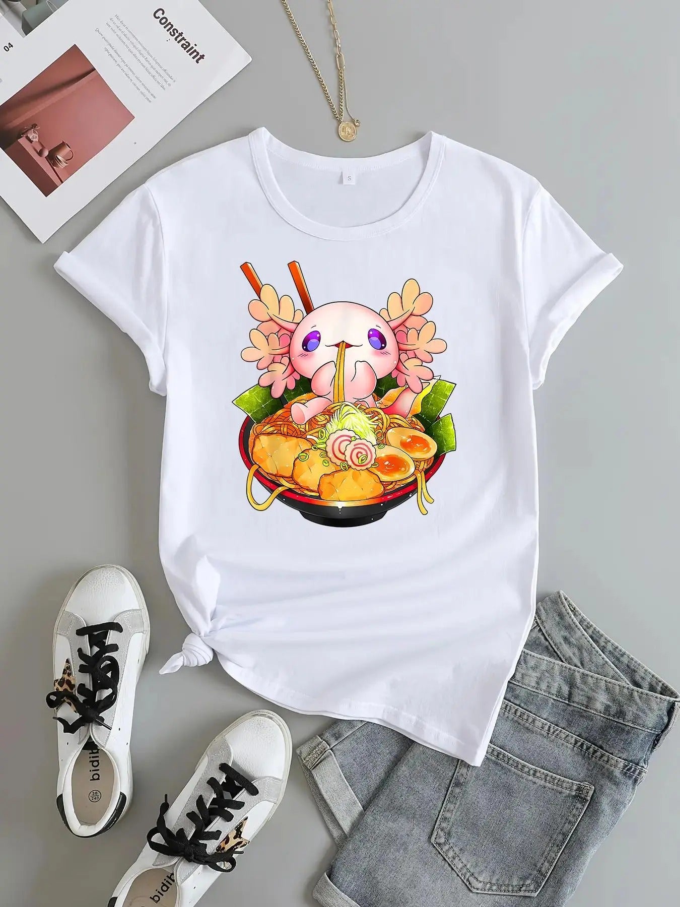 Women'WB shield Cartoon Ramen Print Round Neck Tee, Summer TNF Women, Casual Short Sleeve T-shirt for Daily Wear, Women...