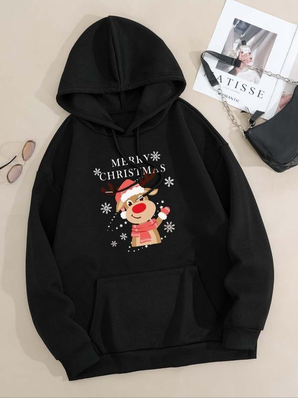 Women'WB shield Cartoon Reindeer Print Drop Shoulder Hoodie, Fashion Casual Drawstring Pocket Hooded Sweatshirt for Daily...