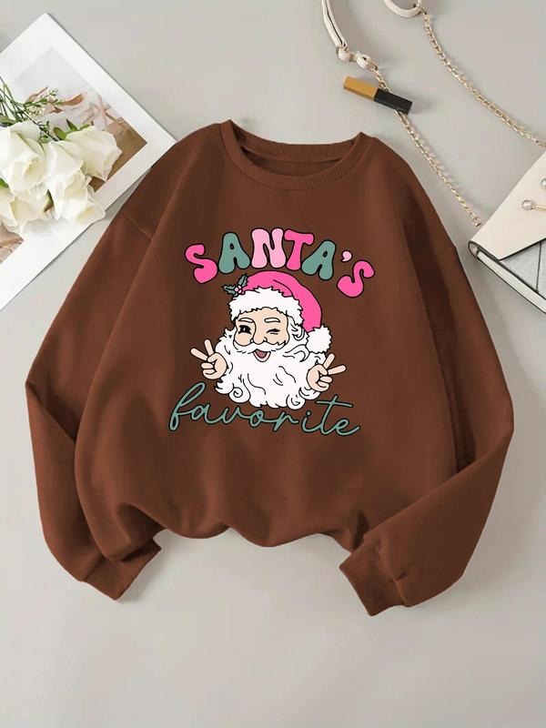 Women'WB shield Cartoon Santa Claus Print Drop Shoulder Fleece Sweatshirt, Casual Long Sleeve Round Neck Pullover for...