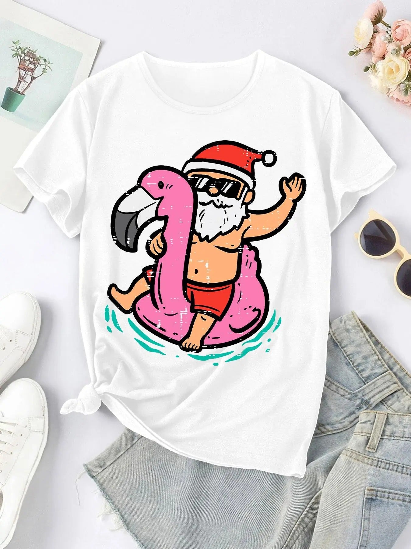 Women'WB shield Cartoon Santa Claus Print Round Neck Tee, Fashion Casual Short Sleeve T-shirt, Ladies Summer TNF for...