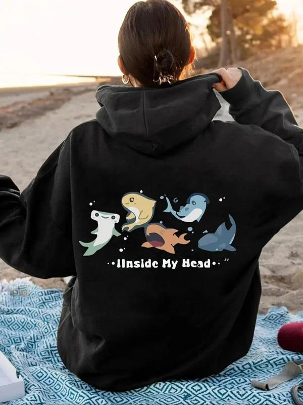 Women'WB shield Cartoon Shark Print Drop Shoulder Hoodie, Fashion Casual Drawstring Pocket Hooded Sweatshirt for Daily...