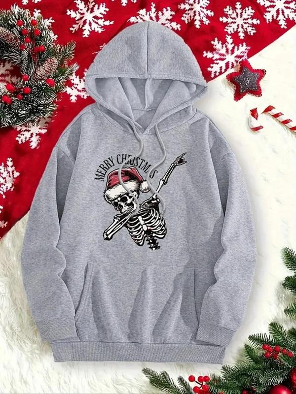 Women'WB shield Cartoon Skeleton & Christmas Print Drop Shoulder Hoodie, Fashion Casual Drawstring Kangaroo Pocket Hooded...