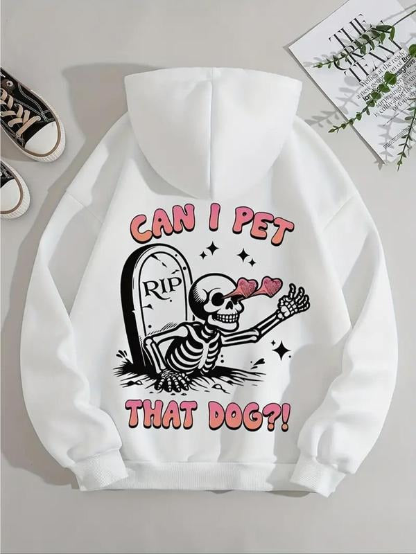Women'WB shield Cartoon Skeleton & Letter Print Drop Shoulder Long Sleeve Hoodie, Fashion Casual Drawstring Pocket Hooded...
