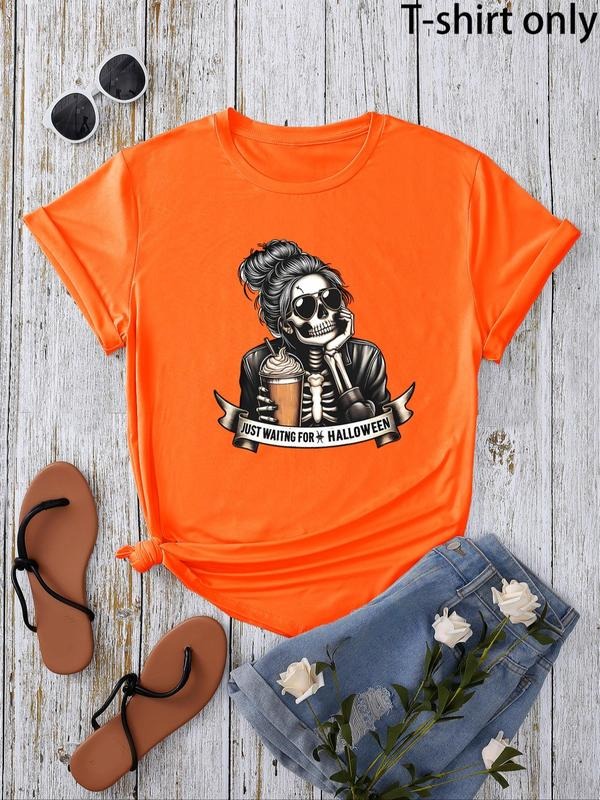 Women'WB shield Cartoon Skeleton Print Round Neck Tee, Fashion Casual Crew Neck T-Shirt for Daily Holiday Vacation...