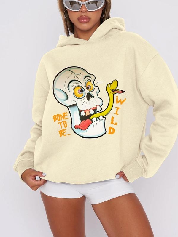 Women'WB shield Cartoon Skull & Letter Print Drop Shoulder Hoodie, Fashion Casual Hooded Sweatshirt for Daily Holiday...