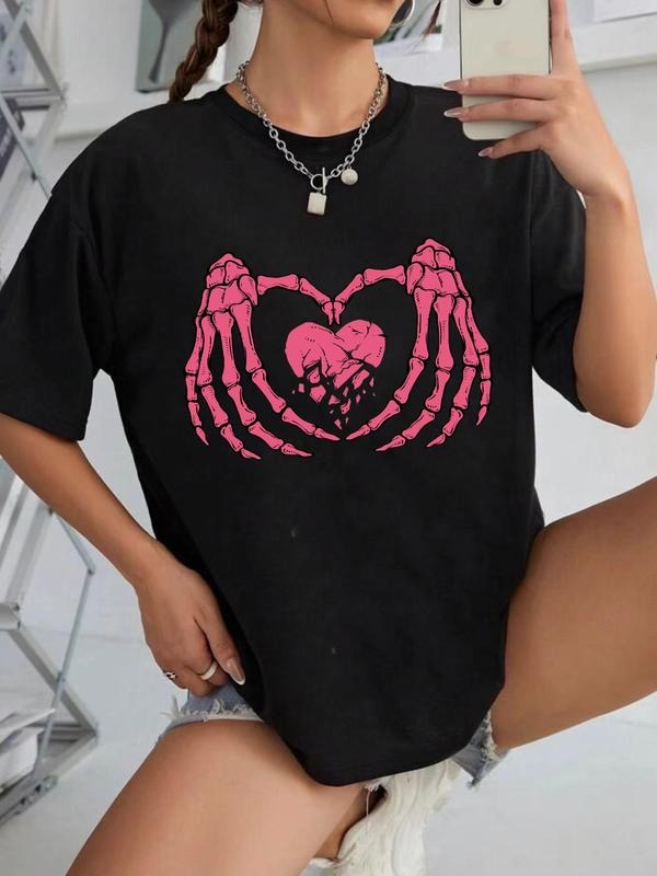 Women'WB shield Cartoon Skull Hands & Heart Print Round Neck Tee, Street Trendy Casual Drop Shoulder Half Sleeve T-Shirt...