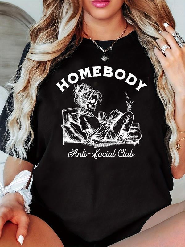 Women'WB shield Cartoon Skull Print Round Neck Tee, Fashion Casual Short Sleeve T-shirt for Daily Wear, Ladies Summer TNF...