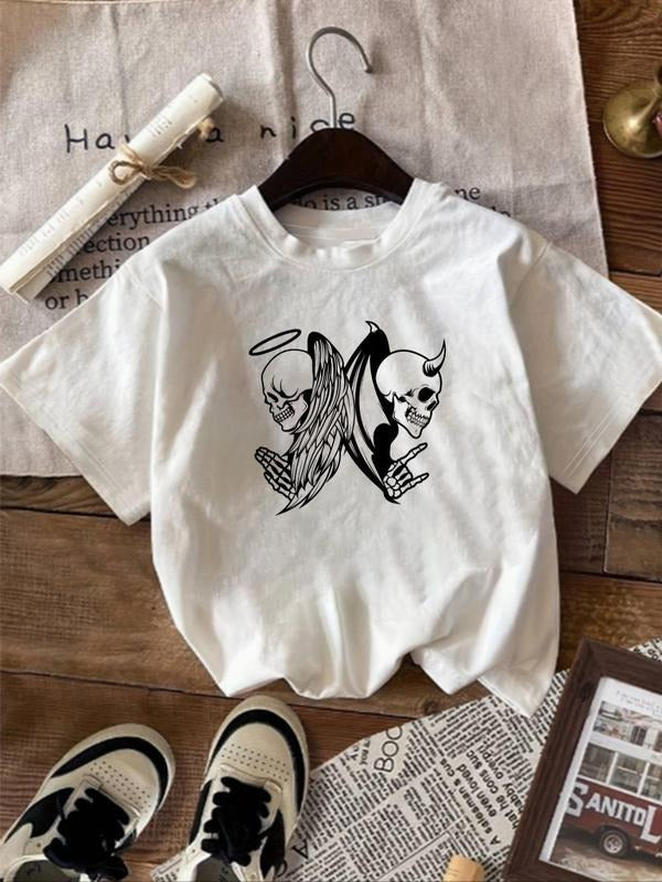 Women'WB shield Cartoon Skull Print Round Neck Tee, Fashion Casual Short Sleeve T-shirt, Ladies Summer TNF for Daily Wear, Halloween