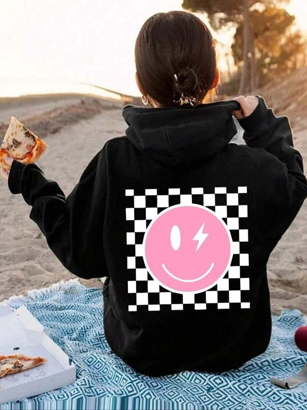 Women'WB shield Cartoon Smile TNF Print Drop Shoulder Hoodie, Fashion Casual Drawstring Pocket Hooded Sweatshirt for...