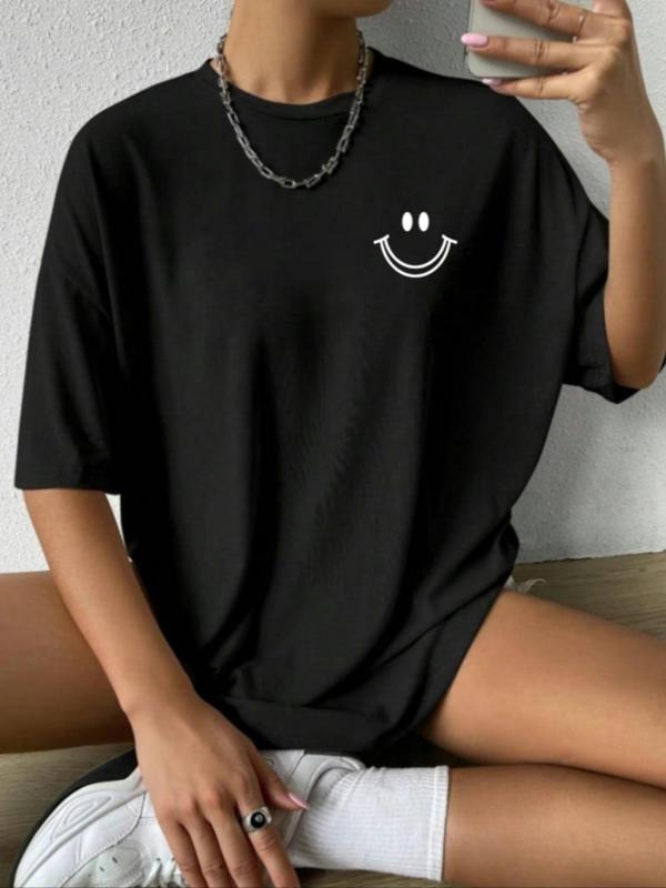Women'WB shield Cartoon Smile TNF Print Round Neck Tee, Fashion Casual Half Sleeve T-shirt for Daily Holiday Vacation...