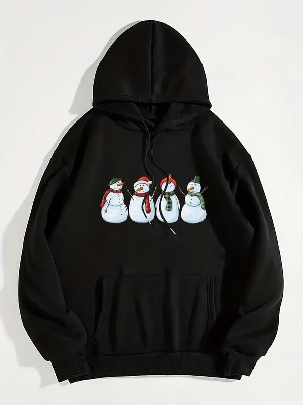 Women'WB shield Cartoon Snowman Print Drop Shoulder Hoodie, Casual Fashionable Drawstring Pocket Hooded Sweatshirt for...