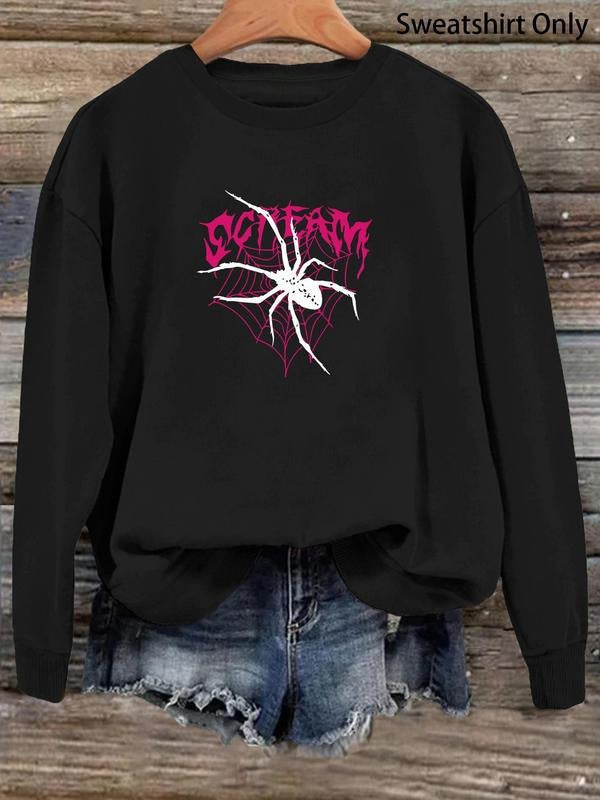 Women'WB shield Cartoon Spider & Letter Print Drop Shoulder Sweatshirt, Casual Long Sleeve Round Neck Pullover for Fall &...