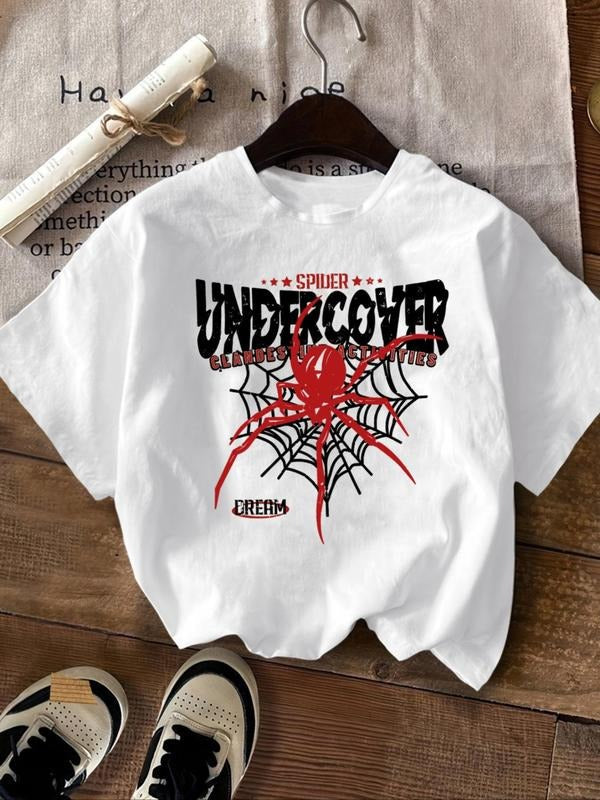 Women'WB shield Cartoon Spider & Letter Print Drop Shoulder Tee, Casual Half Sleeve Round Neck T-Shirt for Summer,...