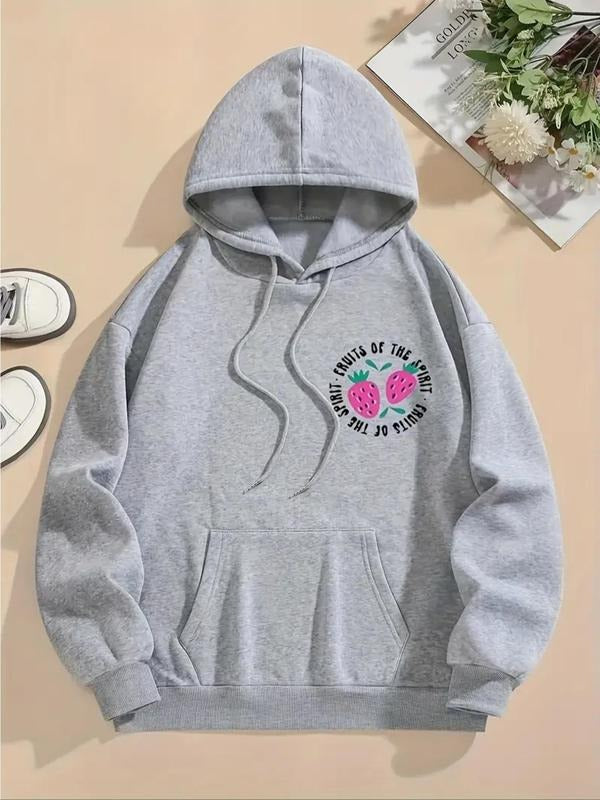 Women'WB shield Cartoon Strawberry & Letter Print Drop Shoulder TNF Lined Hoodie, Fashion Casual Drawstring Pocket Hooded...