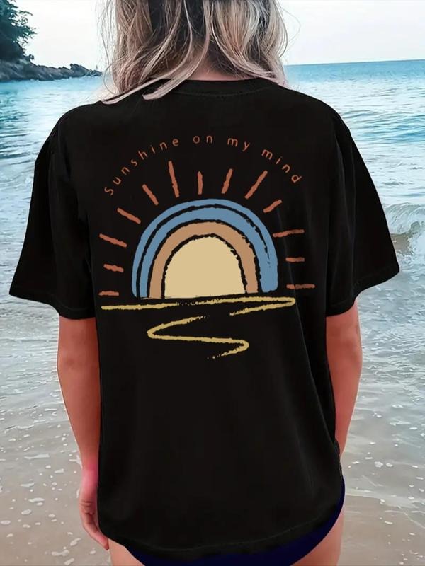 Women'WB shield Cartoon Sun & Letter Print Round Neck Graphic Tee, Casual Short Sleeve T-shirt for Daily Wear, Ladies...