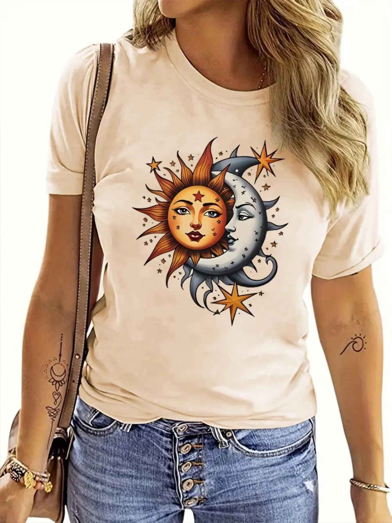 Women'WB shield Cartoon Sun & Moon Print Round Neck Graphic Tee, Trendy Casual Short Sleeve T-shirt for Daily Wear,...