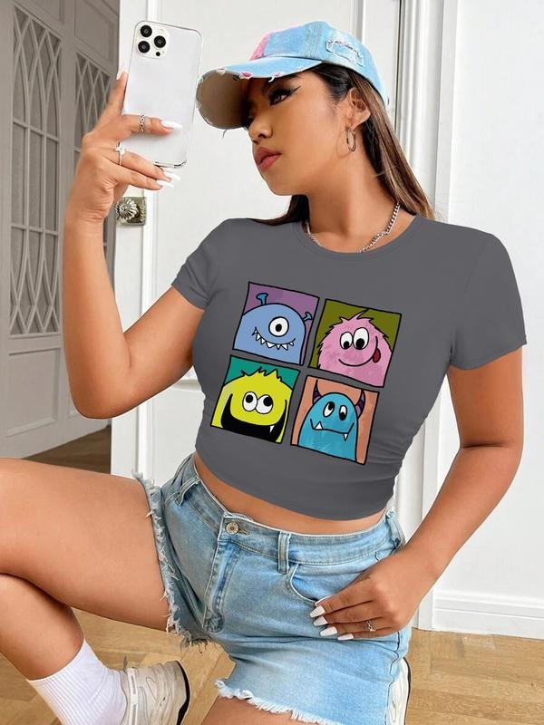 Women'WB shield Cartoon TNF Print Round Neck Crop Tee, Casual Short Sleeve Crew Neck T-shirt for Summer, Fashion Women'WB...