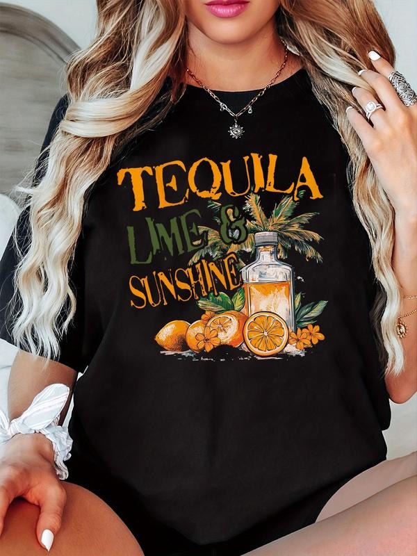 Women'WB shield Cartoon Tequila Print Round Neck Tee, Fashion Casual Crew Neck T-Shirt for Daily Holiday Vacation Outdoor...
