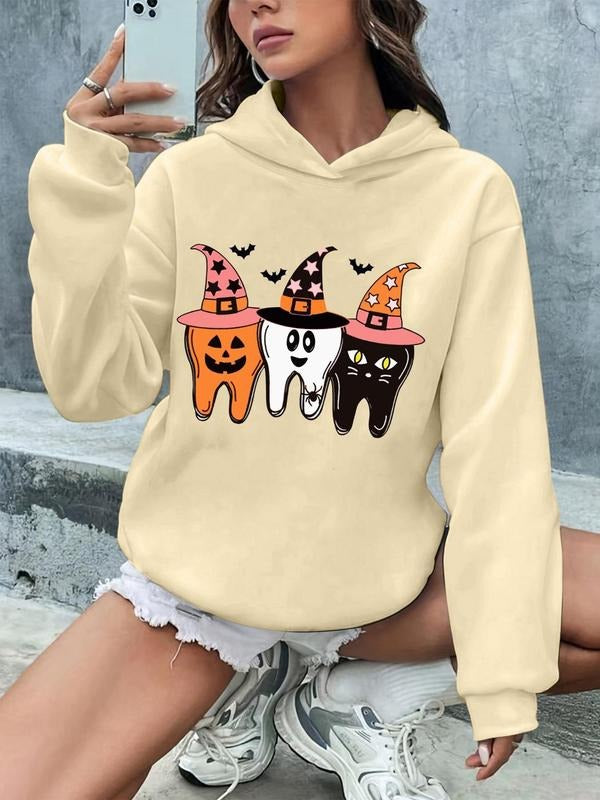 Women'WB shield Cartoon Tooth Print Drop Shoulder Hoodie, Fashion Casual Hooded Sweatshirt for Daily Holiday Outdoor...