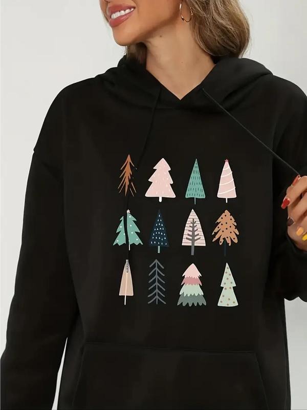 Women'WB shield Cartoon Tree Print Drawstring Pocket TNF Lined Hoodie, Casual Drop Shoulder Hooded Sweatshirt for Fall &...