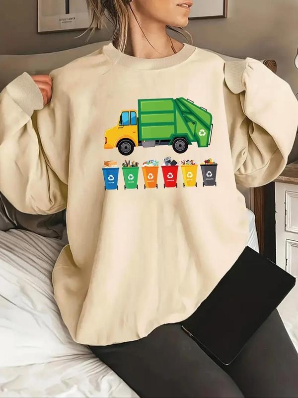 Women'WB shield Cartoon Truck Print Drop Shoulder Sweatshirt, Casual Long Sleeve Round Neck Pullover for Fall & Winter,...