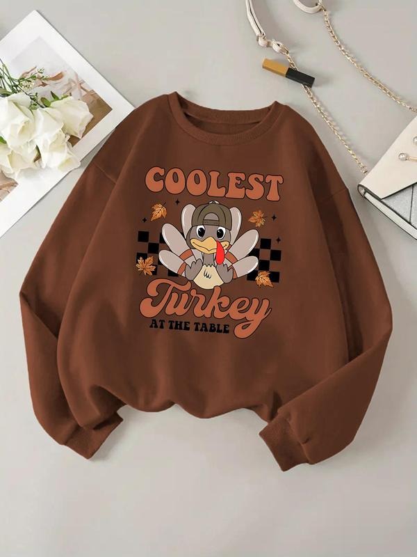 Women'WB shield Cartoon Turkey & Letter Print Round Neck Sweatshirt, Casual Long Sleeve Pullover, Women'WB shield Fall &...