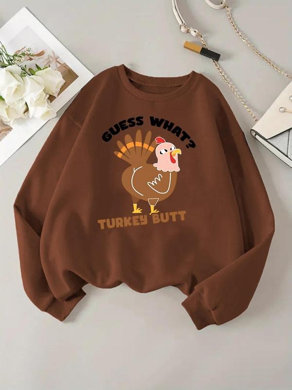Women'WB shield Cartoon Turkey & Letter Print Round Neck Sweatshirt, Casual Long Sleeve Pullover, Women'WB shield Fall &...
