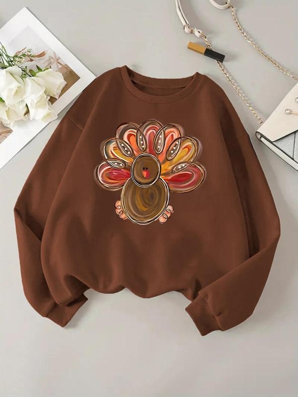 Women'WB shield Cartoon Turkey Print Drop Shoulder Sweatshirt, Casual Long Sleeve Round Neck Pullover for Fall & Winter,...