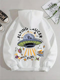 Women'WB shield Cartoon UFO & Letter Print Drop Shoulder Hoodie, Fashion Casual Drawstring Kangaroo Pocket Hooded Sweatshirt for Daily Holiday Outdoor Wear, Women Clothing for Fall & Winter