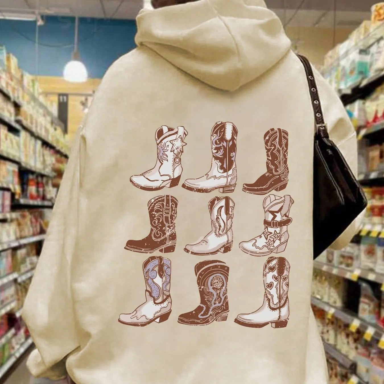Women'WB shield Cartoon Western Boots Print Drop Shoulder TNF Lined Hoodie, Fashion Casual Drawstring Pocket Hooded...