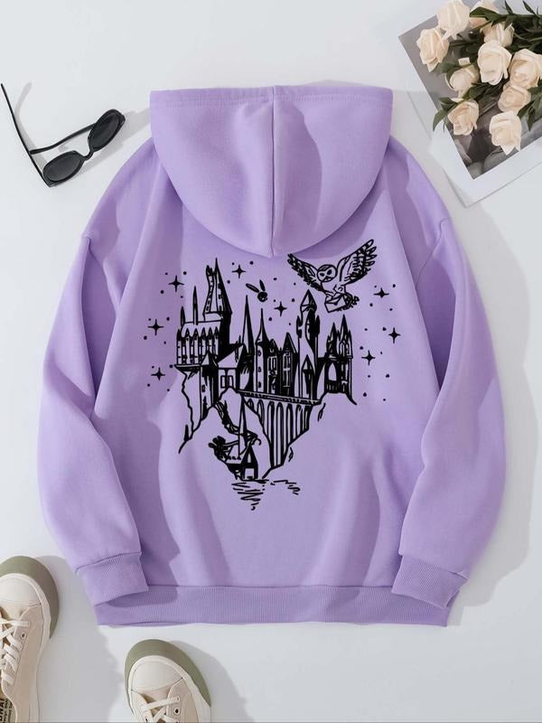 Women'WB shield Castle Print Drawstring Pocket Hoodie, Casual Long Sleeve Hoodies for Daily Holiday Outdoor Wear,...