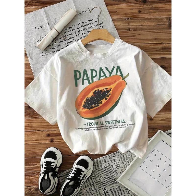 Women'WB shield Casual "Papaya Tropical Sweetness" Graphic Tee - Short Sleeve, Round Neck, Light Pink with Vibrant Papaya...