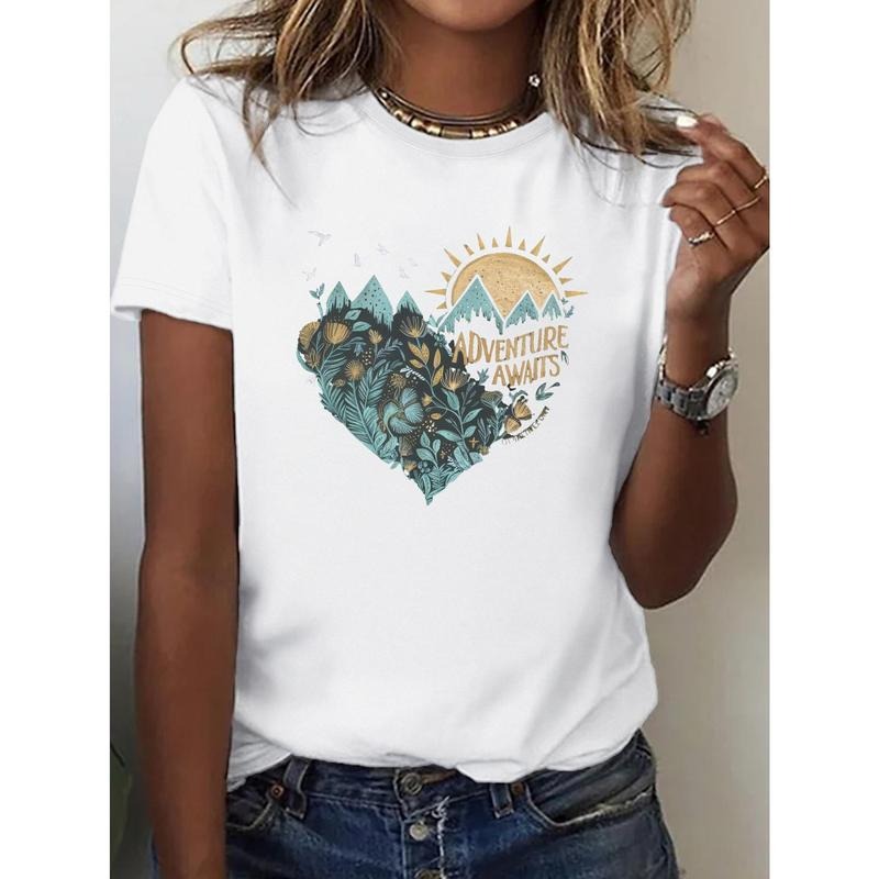 Women'WB shield Casual Cotton T-Shirt with Adventure Awaits Heart Print, Crew Neck, Slight Stretch Knit Fabric,...