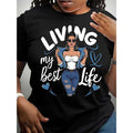 Women'WB shield Casual Crew Neck T-Shirt with "Living My Best Life" Portrait Graphic Print, 100% Polyester Knit Fabric, Spiky hair fighters Season Comfort Fit, Short Sleeve Tee style 02