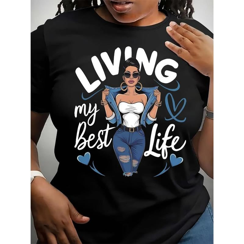 Women'WB shield Casual Crew Neck T-Shirt with "Living My Best Life" Portrait Graphic Print, 100% Polyester Knit Fabric, Spiky hair fighters Season Comfort Fit, Short Sleeve Tee style 02