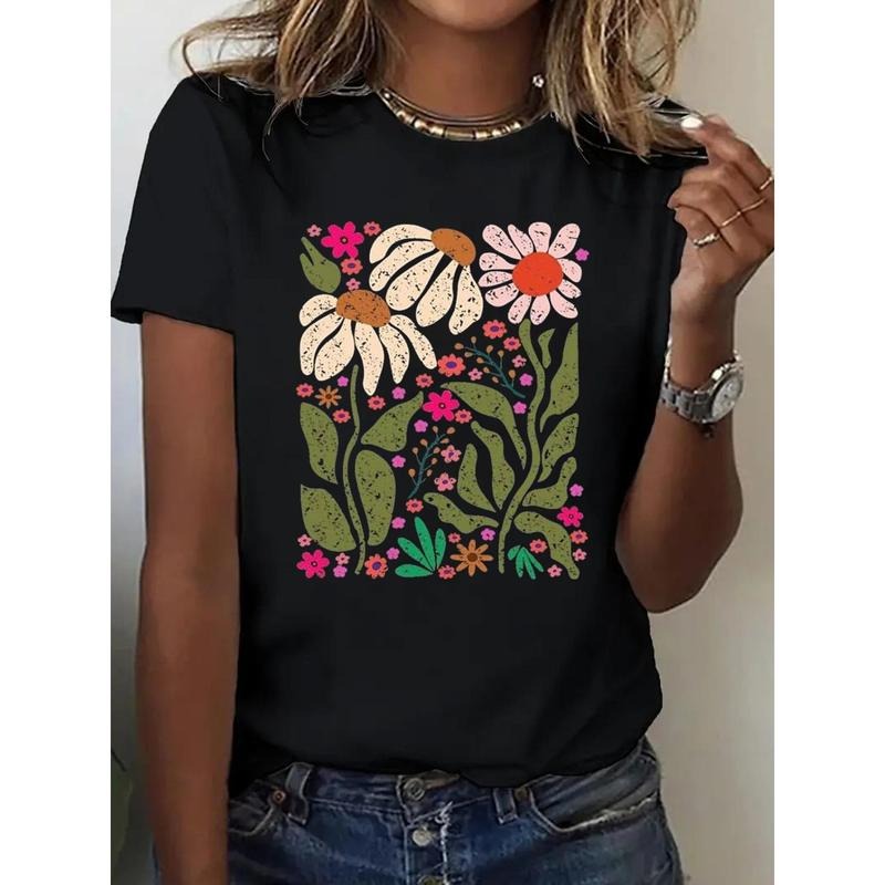 Women'WB shield Casual Lightsaber brand-Shirt- Black with Bright Daisy Floral Print, Round Neck Short Sleeve, Machine...